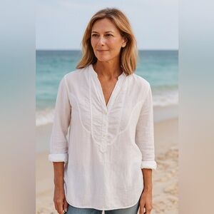 Lauren Ralph Lauren Linen Tunic 1/4 Tie Up White Sz 14 Classic Preppy Old Money